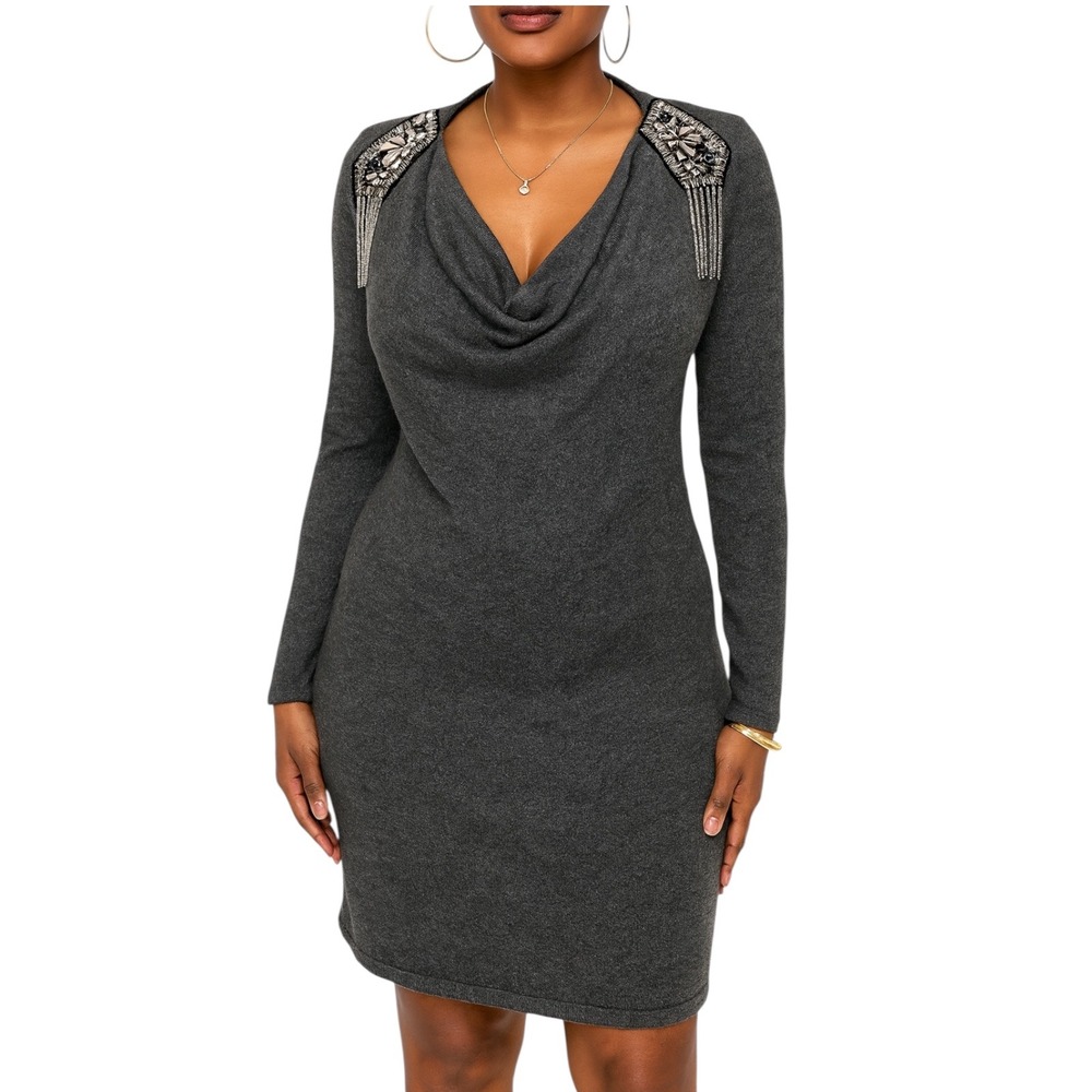 a.n.a Women's Gray Long Sleeve Sweater‎ Dress Embellished Shoulder Size L